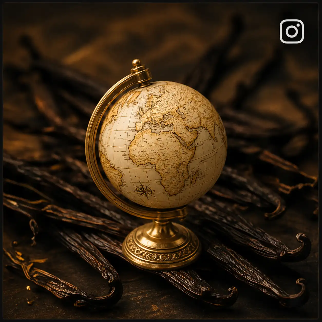 A gold globe with a map of the world on it, surrounded by cinnamon sticks.